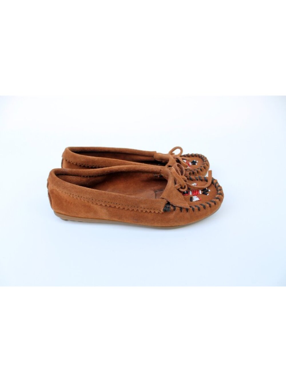 Minnetonka Women's Thunderbird Suede Leather Moccasins Beaded Fringe Tan Size 6 - Picture 3 of 15